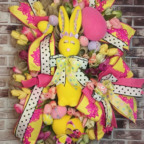 Easter Wreath for Front Door, Flocked Bunny Wreath, Easter decoration, Spring - Picture 2 of 10